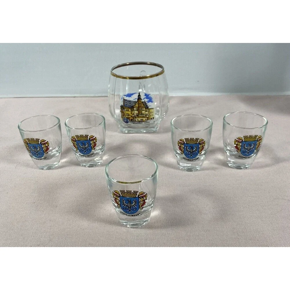 VTG German 5 Shot Glass Set Schweinfurt - Rathaus. Plus 1 Drinking Glass.